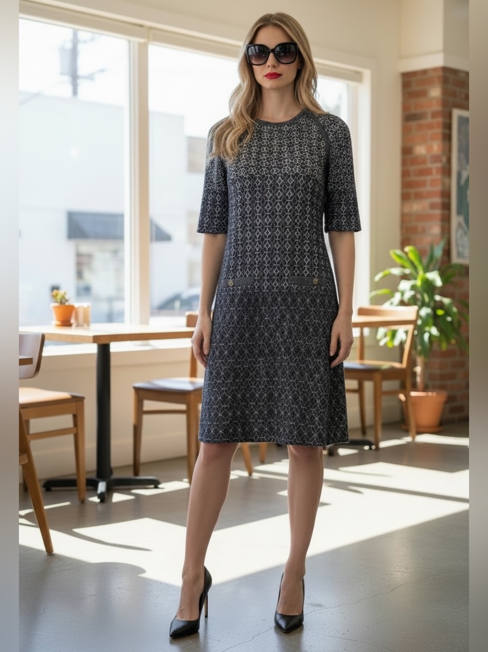 CHANEL Black and White Patterned  Shift Dress